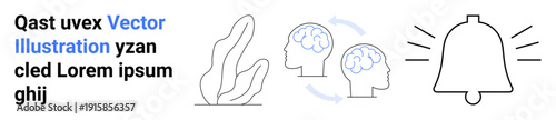 Cognitive processes, psychology, mental health, neuroscience, alerts, notifications. Line art shows brain cycle arrows and a bell. Psychology and cognitive processes concept