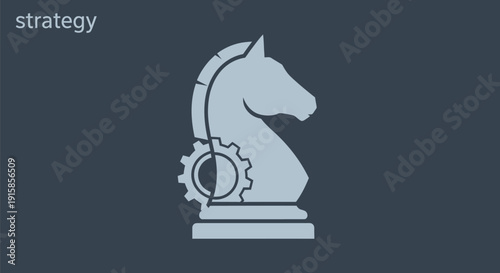 A chess knight with a cogwheel, symbolizing strategic planning and execution, in a minimalist illustration style