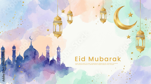 High resolution Ramadan watercolor web banner with soft gradient wash and luxury gold elements for modern Islamic design projects