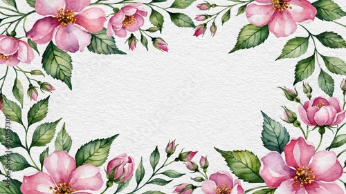 A floral watercolor painting with a white background, featuring pink flowers and green leaves framing the image