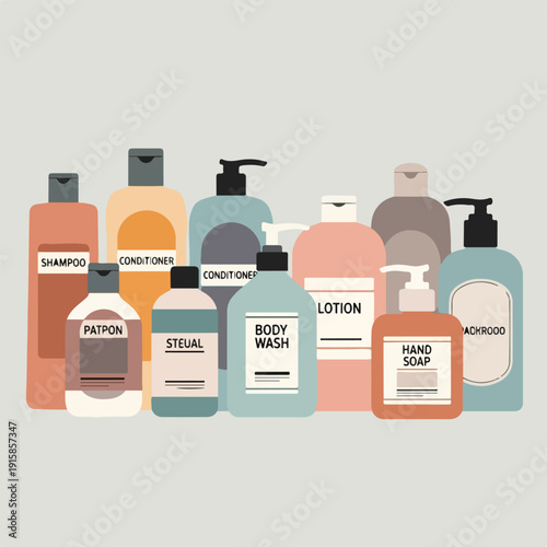 Assorted personal care and hygiene products in colorful bottles