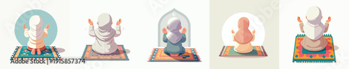 vector little muslim girl sitting praying on a prayer mat back view
