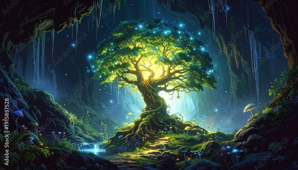 Fototapeta premium Enchanted Tree of Life in a Mystical Cave.