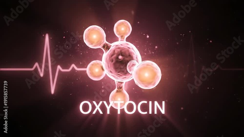 Scientific illustration of the Oxytocin molecule, a vital hormone linked to social bonding, emotional well-being, and love, dynamically displayed with a symbolic heartbeat graph