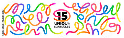 Abstract Color Lines Set. 3D Wave Shape Lines with Gradient. Vector Swirl Rainbow Ribbon Pattern. Doodle Color Organic Shaped Wavy Elements.