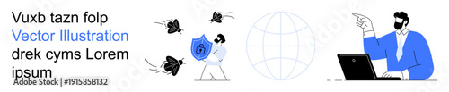Cybersecurity, online privacy, data protection, remote work, digital safety, global communication. Person holding shield against threats near professional pointing at a laptop. Cybersecurity