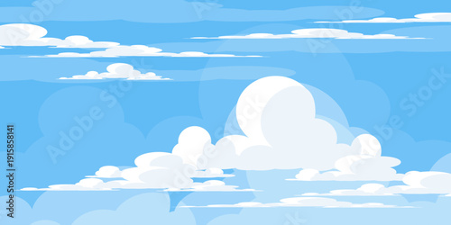 Illustration of a blue sky with white clouds in a flat style. Blue sky background and white clouds. Cartoon sky	