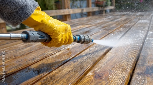 Hands hold pressure washer nozzle to clean wooden terrace boards in sunlight, showing contrast of dirty and freshly cleaned wood