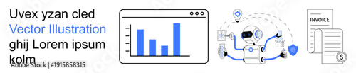 Data analysis, cybersecurity, AI assistance, digital finance, automation, information management. Bar chart, AI robot shield and invoice. Data analysis and cybersecurity