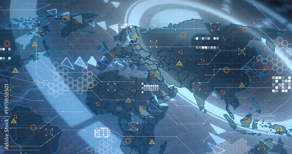 Fototapeta premium Displaying stylized global map with hex clusters and warning icons on dashboard, showing arrows