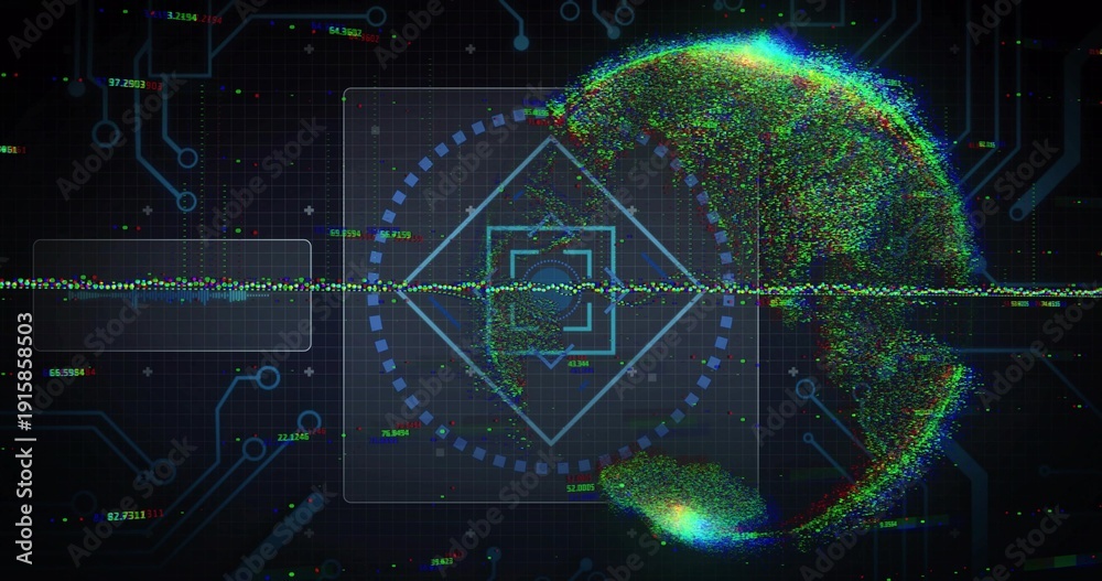 Fototapeta premium Displaying particle globe on right, tracing central waveform, HUD panels, circuit grid, copy space