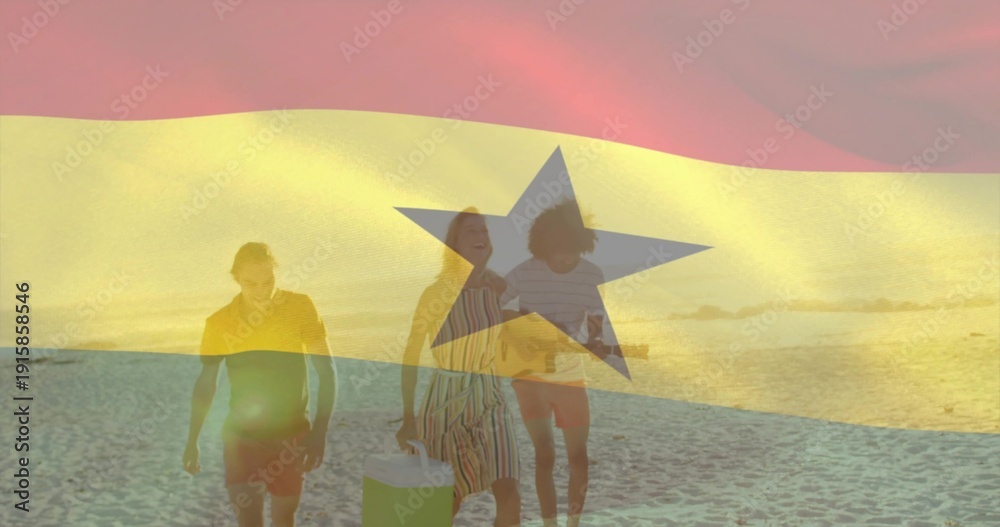 Obraz premium Walking trio in striped dress and striped tee, carrying green cooler, guitar on beach, flag overlay