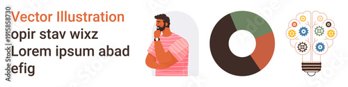 Creativity, data visualization, problem solving, business strategy, innovation, abstract ideas. A man in thought, a donut chart and a light bulb with gears. Creativity and data visualization concept