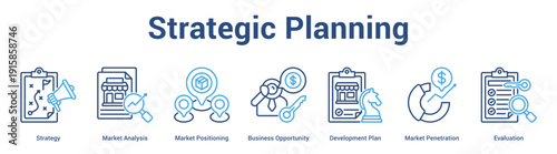 Strategic Planning web banner icon set vector illustration concept for business with icon of Strategy, Market Analysis, Market Positioning, Business Opportunity, Development Plan, Mar.