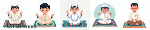 vector little muslim boy sitting praying on a prayer mat front view