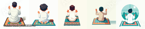 vector little muslim boy sitting praying on a prayer mat back view
