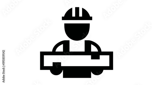 A construction worker icon, in black, wearing a helmet and carrying a rectangular object