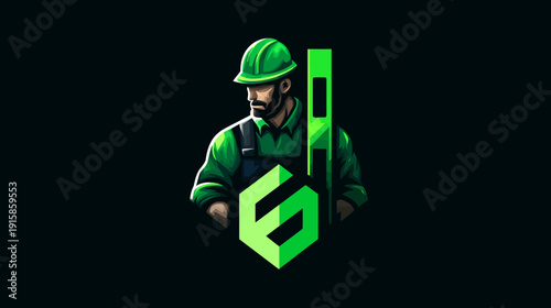 A stylized illustration of a construction worker wearing a green hardhat and holding a level