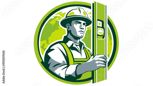 A construction worker in green and white, holding a level, standing inside a green circular frame