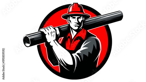 Graphic of a man with pipe on shoulder, wearing work clothes, set inside a red and black circle