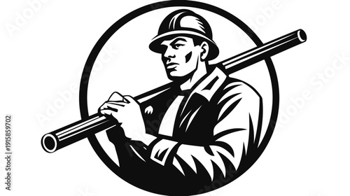 A construction worker in hard hat, carrying pipe over shoulder within a circle. Black and white