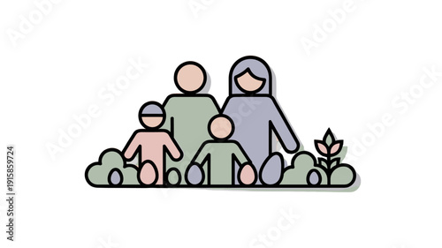 An illustrated family portrait standing together, representing a concept of family.
