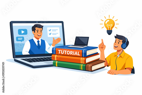 E-Learning Tutorial Course: Student Getting Idea and Knowledge from Online Teacher on Laptop. Distance Education Concept.