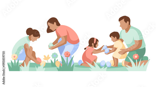 Happy family egg hunt in the garden.