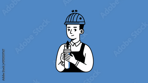 Illustration of a person wearing a hard hat, holding a cylindrical object on a blue background