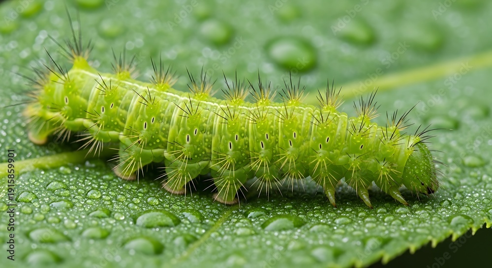 Fototapeta premium Green Caterpillar on Wet Leaf Closeup.