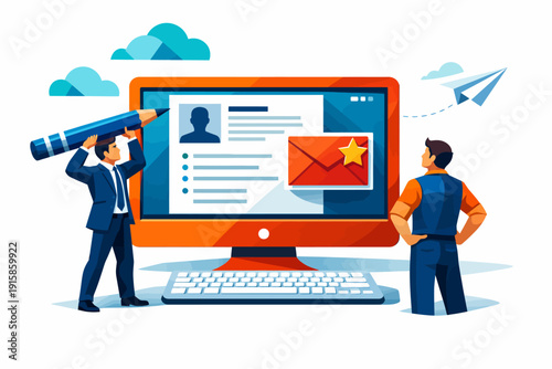 Online Profile Editing and Application. Business team manages digital resume and email communications on desktop computer illustration.