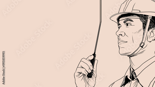 A construction worker in profile, wearing a helmet, holding a walkie-talkie against a light background