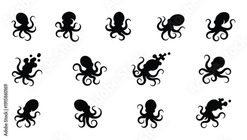 Collection of octopus silhouette vector illustration in various styles and positions
