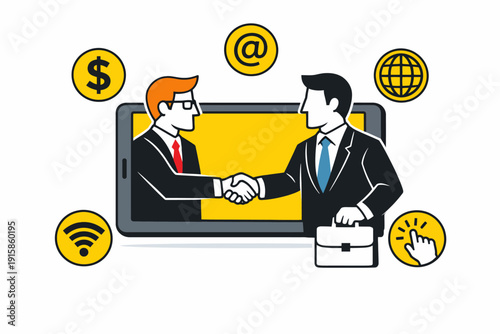 Online Business Partnership Handshake on Screen. Digital contract agreement and remote corporate deal illustration.