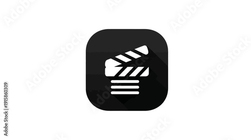 A white movie clapperboard icon rests on a rounded black square with a long shadow