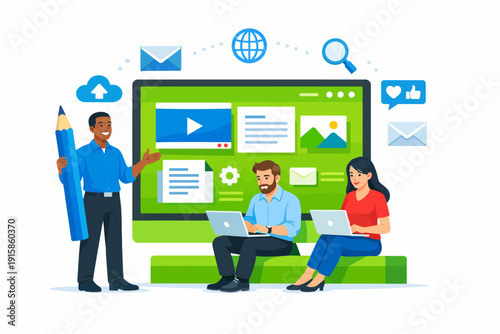 Digital Content Creation Team Collaborating on Web Strategy and SEO Optimization. Professional staff planning and optimizing online multimedia using laptops.