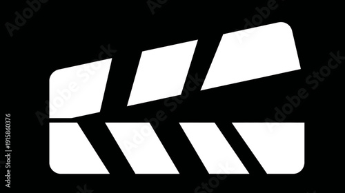 A white film clapperboard icon against a black background. Rounded corners and distinct sections