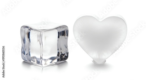 Clear ice cube and heart shaped ice cubes on white background for cooling drinks