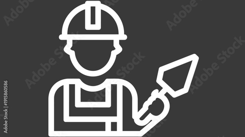 A white line art construction worker holding a trowel against a dark gray background