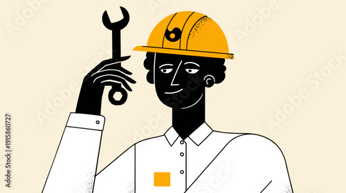 Graphic illustration of a person holding a wrench, wearing a yellow hardhat and a white shirt