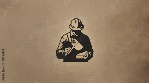 Silhouette of a worker with a hammer, wearing a helmet, on textured tan background