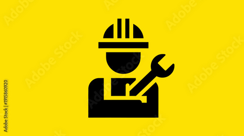 A black silhouette of a worker wearing a helmet and holding a wrench on a bright yellow backdrop