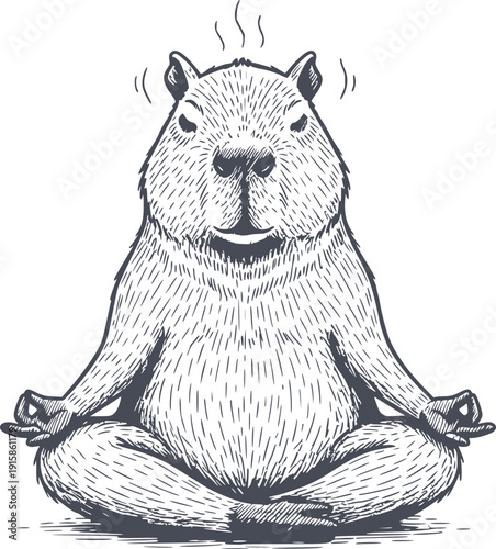 hand drawn meditating capybara in lotus pose for yoga and zen concepts black fill sketch illustration with no white fills included
