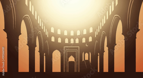 Illustration of a grand mosque interior with arches and columns during Ramadan, viewed from the entrance