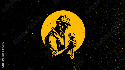 A construction worker silhouette holds a wrench, framed by a yellow circle on a speckled black backdrop