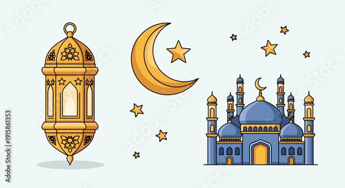 Islamic mosque and lantern illustration with crescent moon and stars