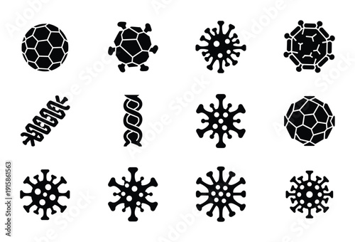 Set of abstract virus microbe silhouette vector illustration in various styles
