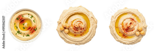 Top-down view of hummus sauce isolated on white background, ideal for Mediterranean cuisine, dipping, sandwiches, salads, cooking, and culinary photography