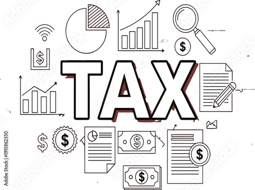 Financial tax preparation concept with large typography and icons for audit analysis data reports and money in line art vector