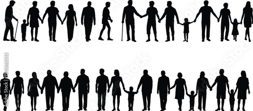 Silhouette icons of diverse people holding hands, unity, community, family, togetherness, teamwork, intergenerational connection, diversity representation flat vector